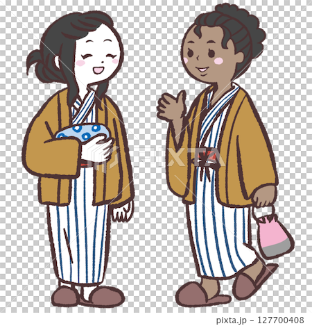 Illustration of two foreign women in yukata at a hot spring Illustration of two foreign women in yukata at a hot spring 127700408