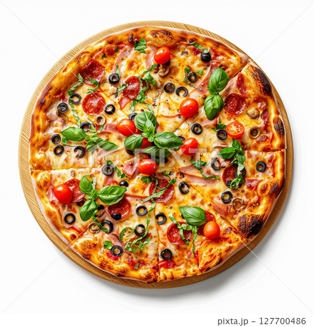 Vibrant pizza with fresh bell peppers, cherry tomatoes, and red onion, served on a round wooden cutting board. 127700486