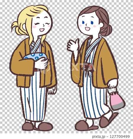 Illustration of two Caucasian women wearing yukata at a hot spring Illustration of two Caucasian women wearing yukata at a hot spring 127700499