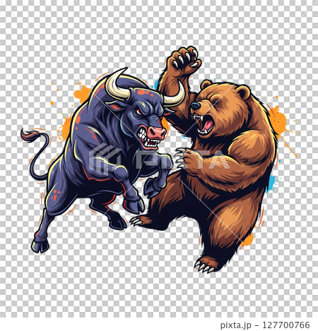 A powerful bull and a ferocious bear are locked in an intense, colorful battle. 127700766