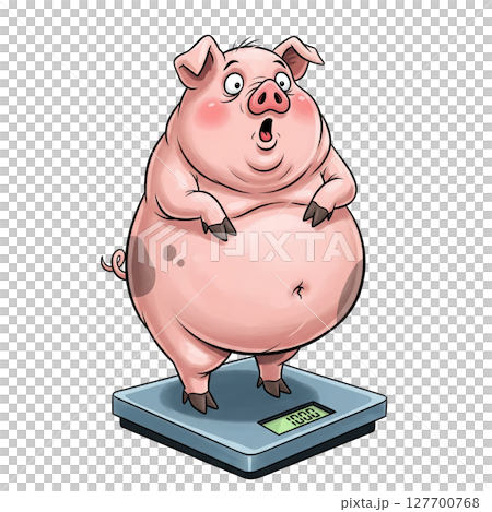 A surprised, fat pig stands on a weighing scale. 127700768
