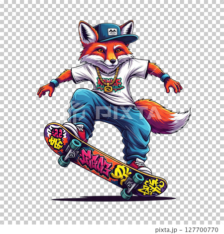 A stylish fox in streetwear performs a skateboarding trick. 127700770