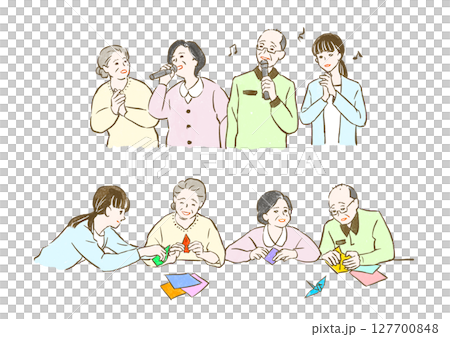 福利與照護:一群老人與一位女性照護員在進行休閒活動 福利與照護:一群老人與一位女性照護員在進行休閒活動 127700848