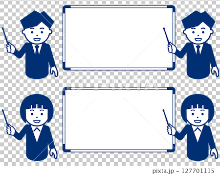 A man and a woman in a navy suit pointing at a whiteboard 127701115