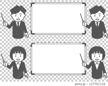 A man and a woman in a gray suit pointing at a whiteboard 127701116