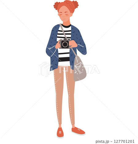teenager girl traveler blogger taking photo on camera vector icon isolated on white 127701201