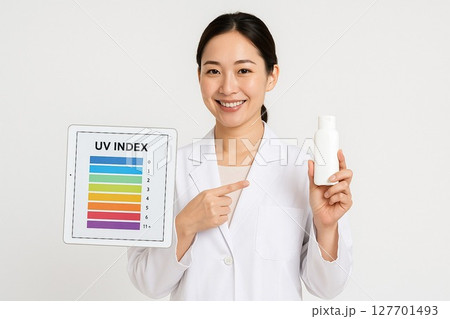 UV index, skincare tips – 紫外線指数と肌ケアを案内する女性医師 127701493