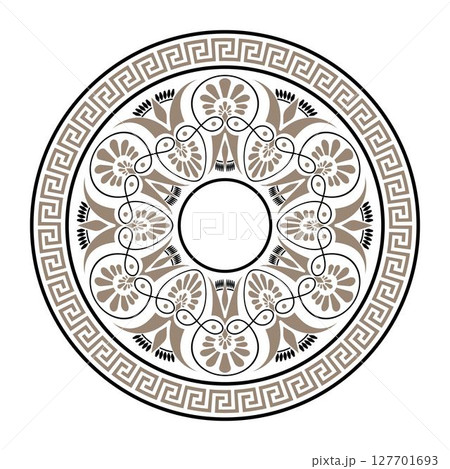 Ornamental golden black pattern on a white background. Round ornament with Greek key meanders. Greek key pattern. Greek circle ornament. Typical egyptian, assyrian motives, circle border. Illustration 127701693