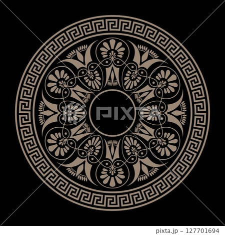 Greek round pattern on a black background. Patterns of Ancient Greece, ancient Rome Empire. Greek key meanders pattern. Greek circle ornament. Typical egyptian, assyrian motives, circle border. Vector Greek round pattern on a black background. Patterns of Ancient Greece, ancient Rome Empire. Greek key meanders pattern. Greek circle ornament. Typical egyptian, assyrian motives, circle border. Vector 127701694
