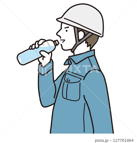 熱中症対策でペットボトルの水を飲む作業服の男性 シンプルなイラスト 熱中症対策でペットボトルの水を飲む作業服の男性 シンプルなイラスト 127701864