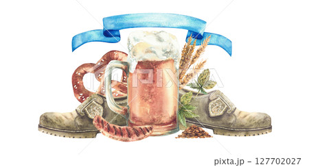 Oktoberfest clipart. Beer mug with traditional Bavarian hat, boots, German pretzel and grilled sausage on a background of natural malt, hops with blue ribbon. Watercolor painted isolated illustration 127702027