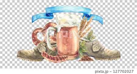 Oktoberfest clipart. Beer mug with traditional Bavarian hat, boots, German pretzel and grilled sausage on a background of natural malt, hops with blue ribbon. Watercolor painted isolated illustration 127702027