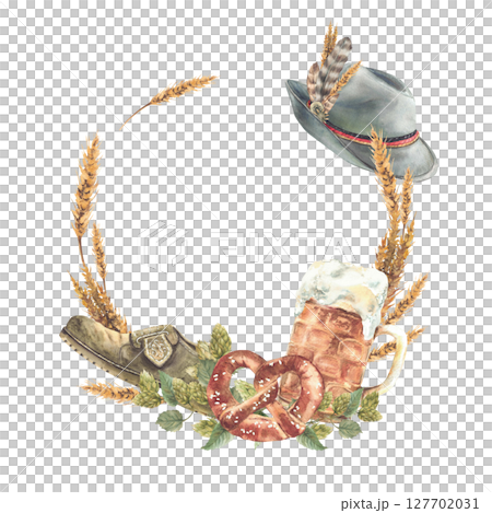 Food, drink and Bavarian traditional dress elements frame. Watercolor Mug of beer with pretzel and Germany hat and shoe. Wreath of brewing ingredients malt and hops label template. Isolated clipart Food, drink and Bavarian traditional dress elements frame. Watercolor Mug of beer with pretzel and Germany hat and shoe. Wreath of brewing ingredients malt and hops label template. Isolated clipart 127702031