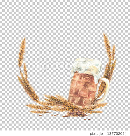 Watercolor beer mug with spikes and grains of malt circle frame. Hand drawn clipart for craft beer labels, German Oktoberfest pub drink menu, brewery branding template. Natural foamy beverage Isolated 127702034