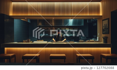 カウンター席のあるお店で仕込みをする料理人 127702088