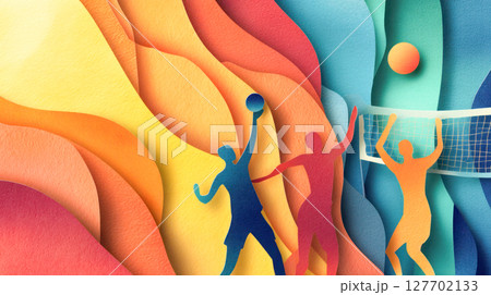 Colorful paper cut illustration of athletes playing sports, showcasing dynamic movement and energy in a vibrant abstract background design 127702133