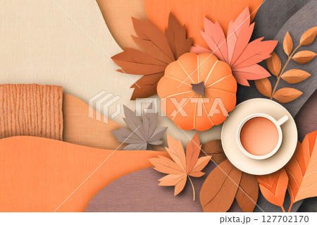 Autumn-themed flat illustration featuring colorful leaves, a pumpkin, and a cup of warm beverage on textured background, evoking cozy seasonal vibes 127702170