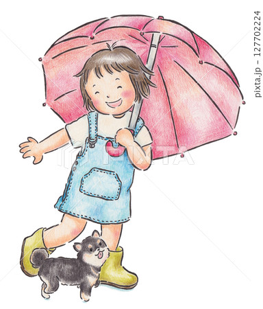 傘をさす女の子と豆柴犬のイラスト 傘をさす女の子と豆柴犬のイラスト 127702224