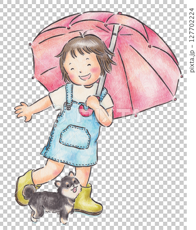 拿著傘的女孩和一隻迷你柴犬的插圖 127702224