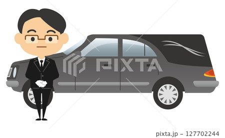 男性葬儀屋さんと霊柩車のイメージイラスト 127702244
