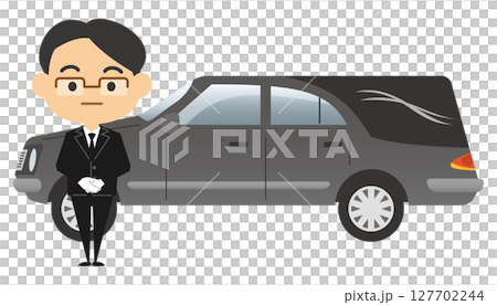 一位男性葬儀社和一輛靈車的插圖 127702244