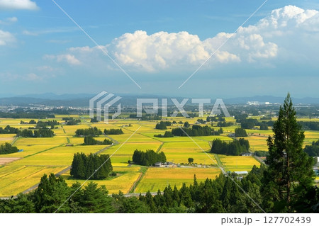 白雲浮かぶ青空を背景にした花巻市円万寺観音堂からの秋の散居村俯瞰風景 Ver4 白雲浮かぶ青空を背景にした花巻市円万寺観音堂からの秋の散居村俯瞰風景 Ver4 127702439