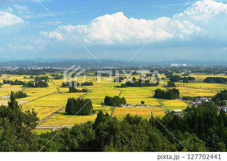 白雲浮かぶ青空を背景にした花巻市円万寺観音堂からの秋の散居村俯瞰風景 Ver2 白雲浮かぶ青空を背景にした花巻市円万寺観音堂からの秋の散居村俯瞰風景 Ver2 127702441