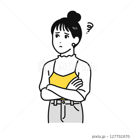 腕組み 考える 悩む お団子ヘア 若い女性 イラスト 素材 127702870