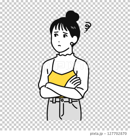 Arms folded, thinking, worried, bun hair, young woman, illustration material 127702870