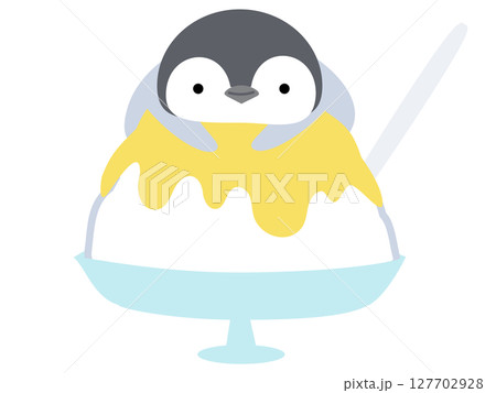 かき氷に乗るペンギン　レモン味　シンプル　かわいい 動物とデザート (ベクターイラスト) 127702928