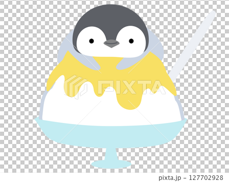 かき氷に乗るペンギン　レモン味　シンプル　かわいい 動物とデザート (ベクターイラスト) 127702928