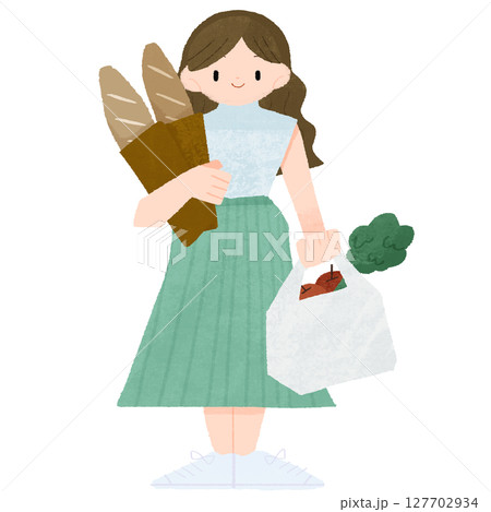 女性がパンと買い物袋を持っているデフォルメカラーイラスト 女性がパンと買い物袋を持っているデフォルメカラーイラスト 127702934