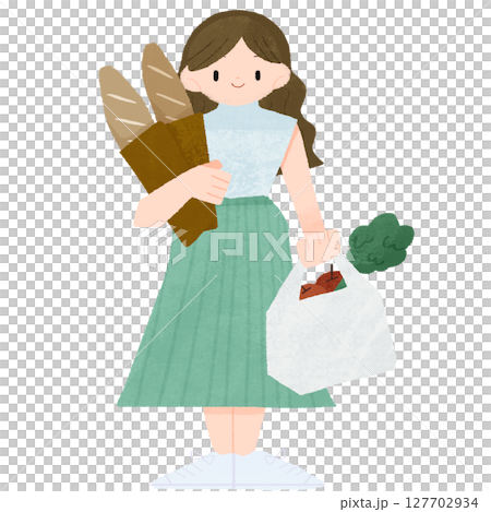 一位手持麵包和購物袋的女子的變形彩色插圖 一位手持麵包和購物袋的女子的變形彩色插圖 127702934