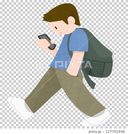 一名男子手持手機邊走邊使用智慧型手機的變形插圖 127702936