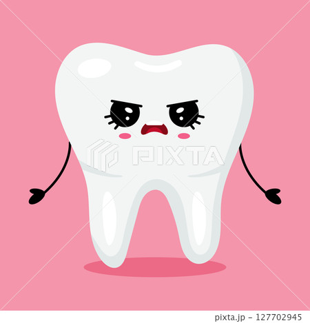 Cute Angry Tooth Character on Pink Background Cute Angry Tooth Character on Pink Background 127702945