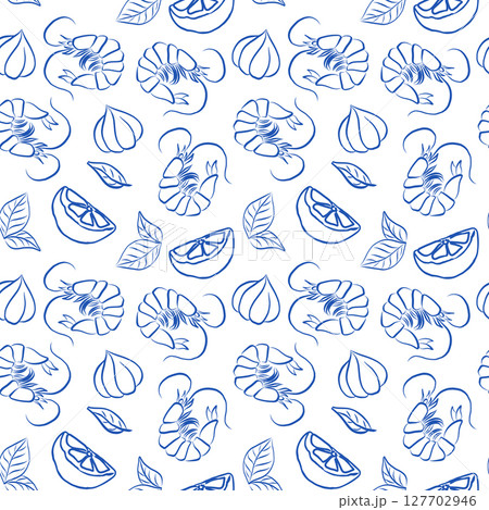 Seamless Blue Line Pattern with Shrimps, Garlic, Citrus and Leaves 127702946
