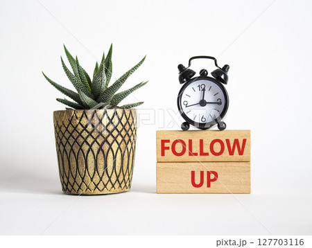 Follow up symbol. Concept word Follow up on wooden blocks. Beautiful white background with alarm clock and succulent plant. Business and Follow up concept. Copy space 127703116