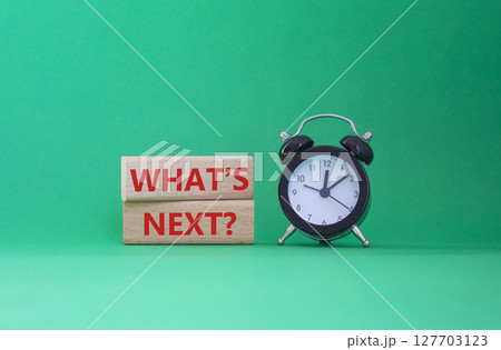 What is next symbol. Concept words What is next on wooden blocks. Beautiful green background with alarm clock. Business and What is next concept. Copy space. 127703123