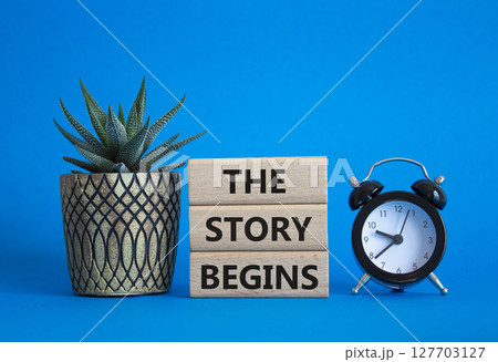 The Store Begins symbol. Concept words The Store Begins on wooden blocks. Beautiful blue background with alarm clock and succulent plant. Business and The Store Begins concept. Copy space 127703127