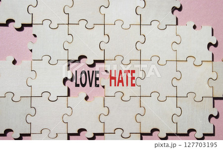 Love vs Hate symbol. Concept word Love vs Hate on wooden puzzle. Beautiful pink background. Business and Love vs Hate concept. Copy space Love vs Hate symbol. Concept word Love vs Hate on wooden puzzle. Beautiful pink background. Business and Love vs Hate concept. Copy space 127703195