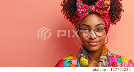 Young woman with curly hair wearing colorful outfit and glasses posing against a vibrant pink background during a bright indoor setting 127703226