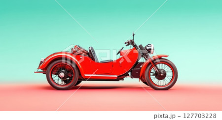 Vintage red three-wheeled motorcycle parked on a vibrant background during daylight showcasing retro design and unique style 127703228