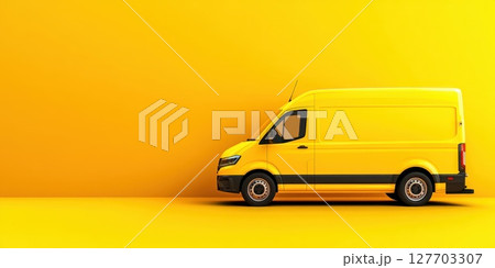 Bright yellow delivery van parked against a vivid yellow wall creating a striking monochromatic backdrop in an urban setting during daylight hours Bright yellow delivery van parked against a vivid yellow wall creating a striking monochromatic backdrop in an urban setting during daylight hours 127703307