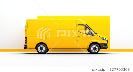 Bright yellow delivery van parked against a modern geometric background featuring bold colors in a busy urban setting during daylight Bright yellow delivery van parked against a modern geometric background featuring bold colors in a busy urban setting during daylight 127703308