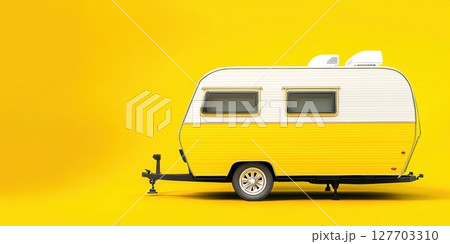 Vintage yellow travel trailer stands against a bright background, showcasing its charming design and classic appeal in a joyful setting 127703310