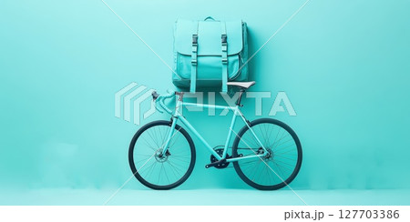 Bright aqua bicycle with stylish backpack against matching wall while showcasing a trendy urban lifestyle in modern decor 127703386