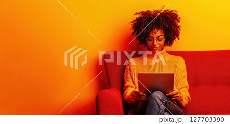Woman sitting on a red couch reading on a tablet in a vibrant yellow-orange room during the daytime 127703390