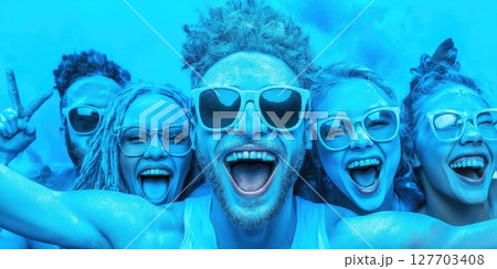 Group of friends celebrating in blue face paint during summer festival in vibrant outdoor location under sunny sky 127703408