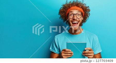 Cheerful young man with curly hair and glasses smiling while holding a tablet against a bright blue background 127703409