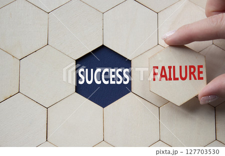 Success or Failure symbol. Concept word Success or Failure on wooden comb puzzle. Businessman hand. Beautiful deep blue background. Business and Success or Failure concept. Copy space Success or Failure symbol. Concept word Success or Failure on wooden comb puzzle. Businessman hand. Beautiful deep blue background. Business and Success or Failure concept. Copy space 127703530